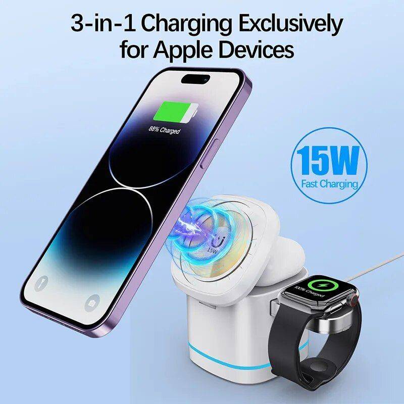 3-in-1 Transparent Magnetic 15W Wireless Charging Stand for iPhone, Airpods Pro, and Watch SE Charging Stations Electronics Color : White|Gray 3-in-1 Transparent Magnetic 15W Wireless Charging Stand for iPhone, Airpods Pro, and Watch SE Charging Stations Electronics Color : White|Gray