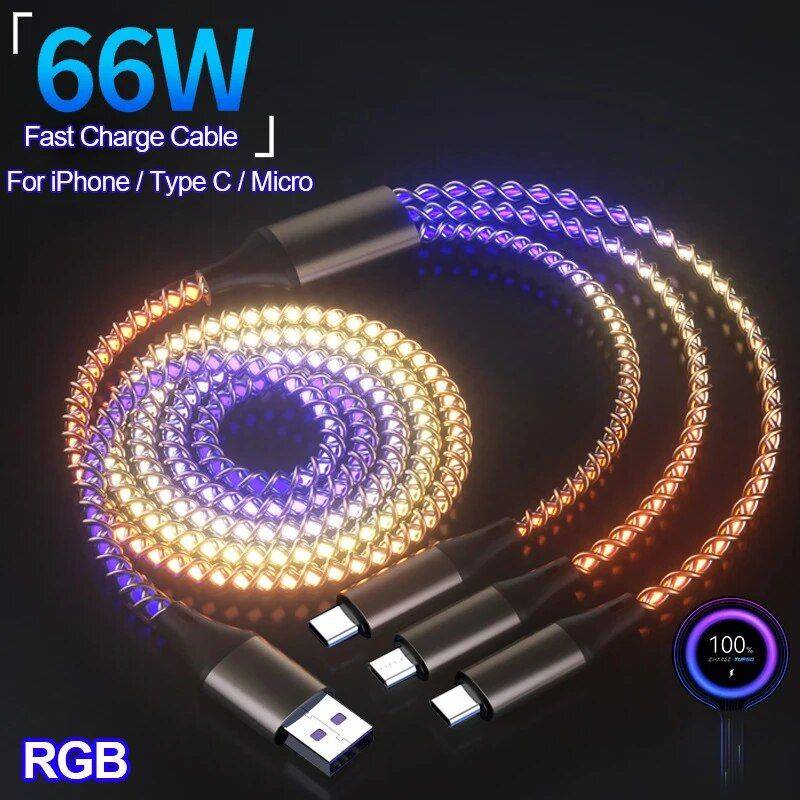 66W Ultra-Fast Charging USB Cable with Multi-Connector & RGB Lights Charging Cables Electronics Color : 3 in 1 66W Ultra-Fast Charging USB Cable with Multi-Connector & RGB Lights Charging Cables Electronics Color : 3 in 1