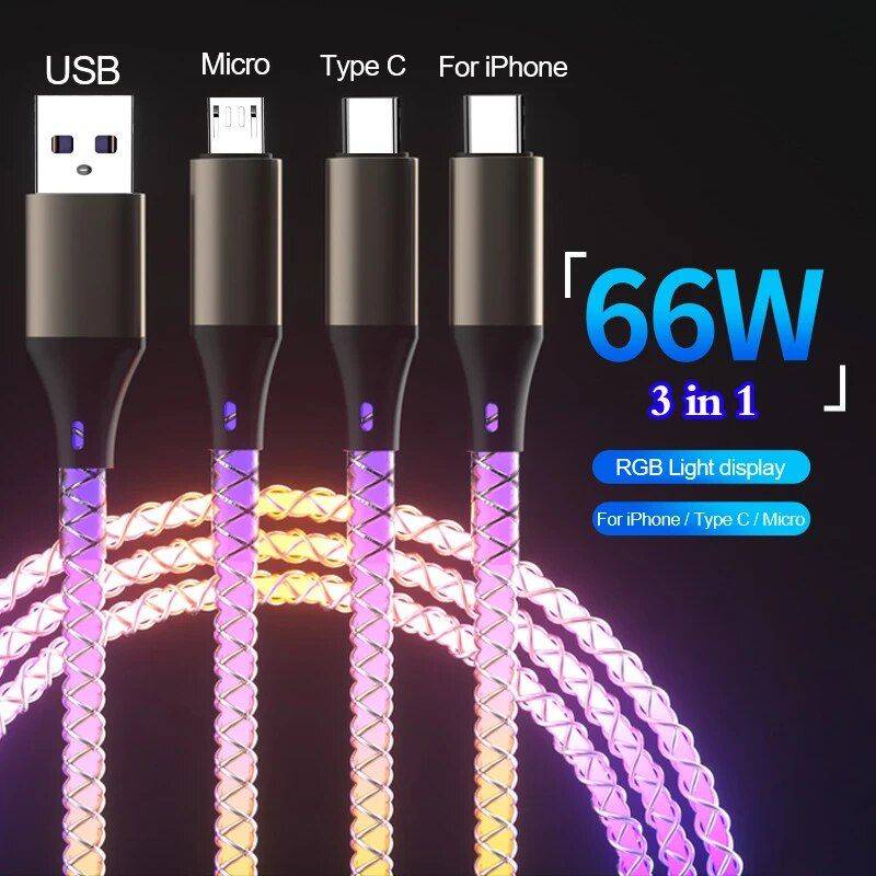 66W Ultra-Fast Charging USB Cable with Multi-Connector & RGB Lights Charging Cables Electronics Color : 3 in 1 66W Ultra-Fast Charging USB Cable with Multi-Connector & RGB Lights Charging Cables Electronics Color : 3 in 1