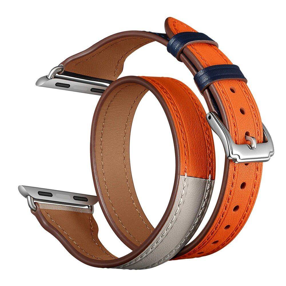 Double Tour Genuine Leather Watch Band for Apple Watch 38-40mm/42-44mm Fashion Accessories Smartwatch Bands Band Color : Orange|Brown|Black|Pink|White Double Tour Genuine Leather Watch Band for Apple Watch 38-40mm/42-44mm Fashion Accessories Smartwatch Bands Band Color : Orange|Brown|Black|Pink|White