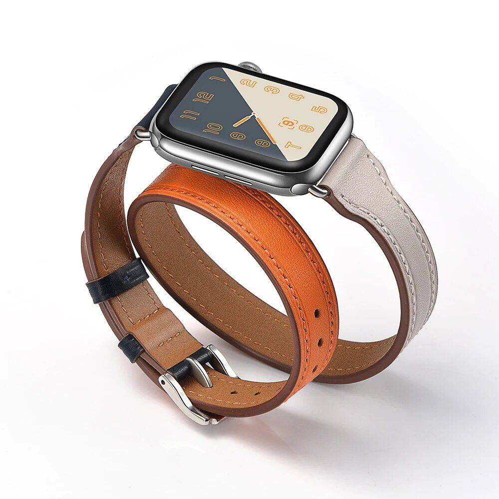 Double Tour Genuine Leather Watch Band for Apple Watch 38-40mm/42-44mm Fashion Accessories Smartwatch Bands Band Color : Orange|Brown|Black|Pink|White Double Tour Genuine Leather Watch Band for Apple Watch 38-40mm/42-44mm Fashion Accessories Smartwatch Bands Band Color : Orange|Brown|Black|Pink|White