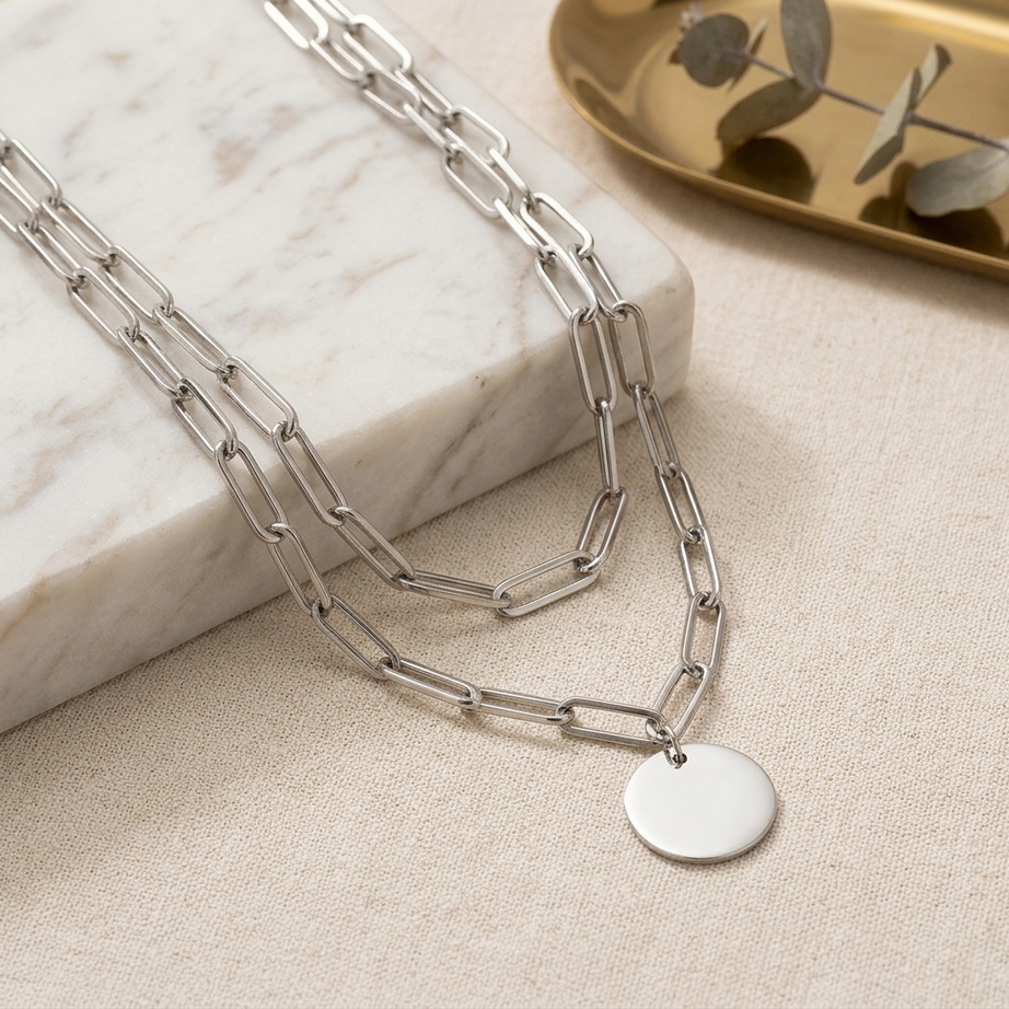 Elegant Metal Chain Round Pendant Necklace 002