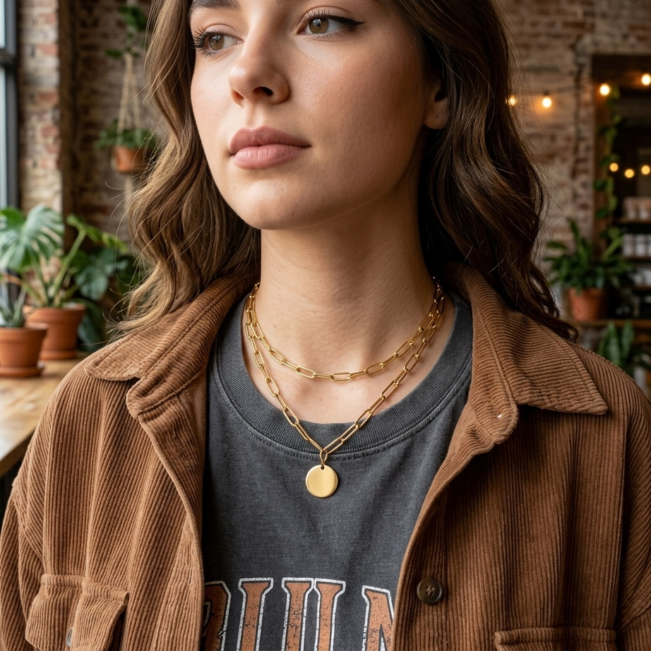 Elegant Metal Chain Round Pendant Necklace 006