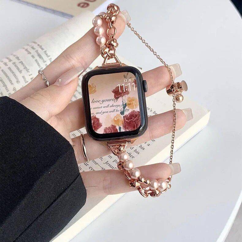Luxury Pearl Metal Link Apple Watch Band – Elegant Bracelet Strap Fashion Accessories Smartwatch Bands Color : Black|Silver|Gold Luxury Pearl Metal Link Apple Watch Band - Elegant Bracelet Strap Fashion Accessories Smartwatch Bands Color : Black|Silver|Gold