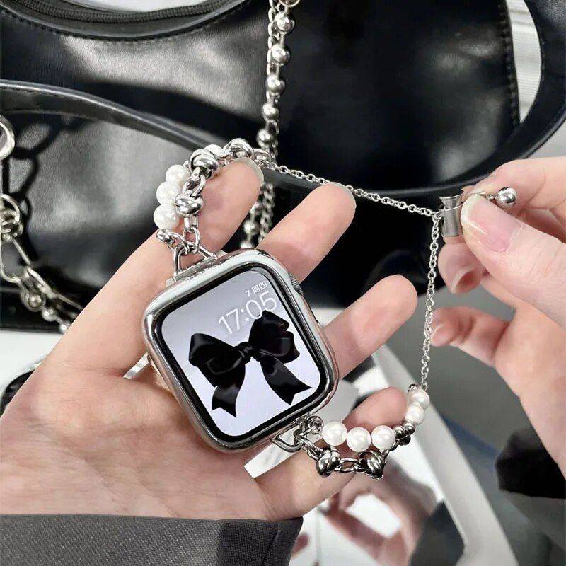 Luxury Pearl Metal Link Apple Watch Band – Elegant Bracelet Strap Fashion Accessories Smartwatch Bands Color : Black|Silver|Gold Luxury Pearl Metal Link Apple Watch Band - Elegant Bracelet Strap Fashion Accessories Smartwatch Bands Color : Black|Silver|Gold