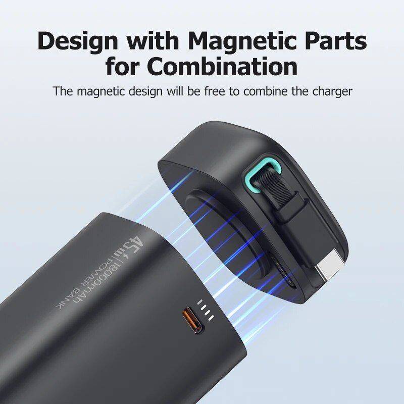 Magnetic 45W Type C PD Fast Charge Powerbank 18000mAh with Retractable Cable Electronics Power Banks Color : for Android Black Magnetic 45W Type C PD Fast Charge Powerbank 18000mAh with Retractable Cable Electronics Power Banks Color : for Android Black