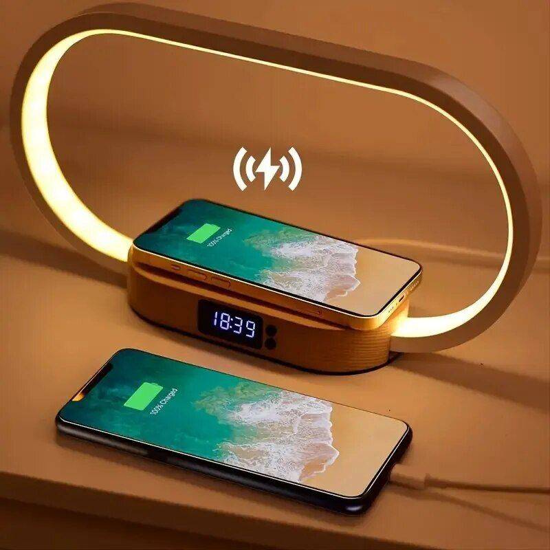 Multifunction Wireless Charging Hub: Fast-Charging LED Desk Lamp, Night Light and Clock with USB Port Charging Stations Electronics Material : Wooden Multifunction Wireless Charging Hub: Fast-Charging LED Desk Lamp, Night Light and Clock with USB Port Charging Stations Electronics Material : Wooden