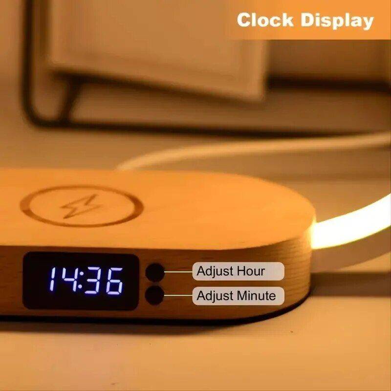 Multifunction Wireless Charging Hub: Fast-Charging LED Desk Lamp, Night Light and Clock with USB Port Charging Stations Electronics Material : Wooden Multifunction Wireless Charging Hub: Fast-Charging LED Desk Lamp, Night Light and Clock with USB Port Charging Stations Electronics Material : Wooden