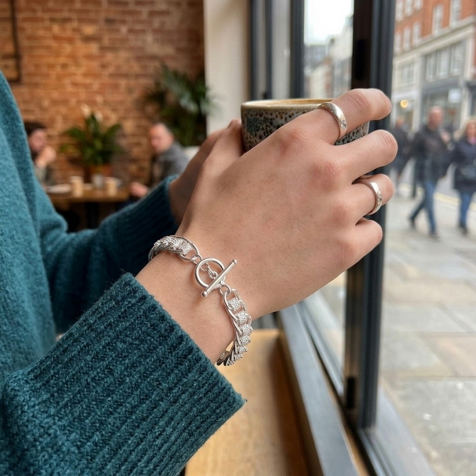 Silver Circle Charm Chain Bracelet 006