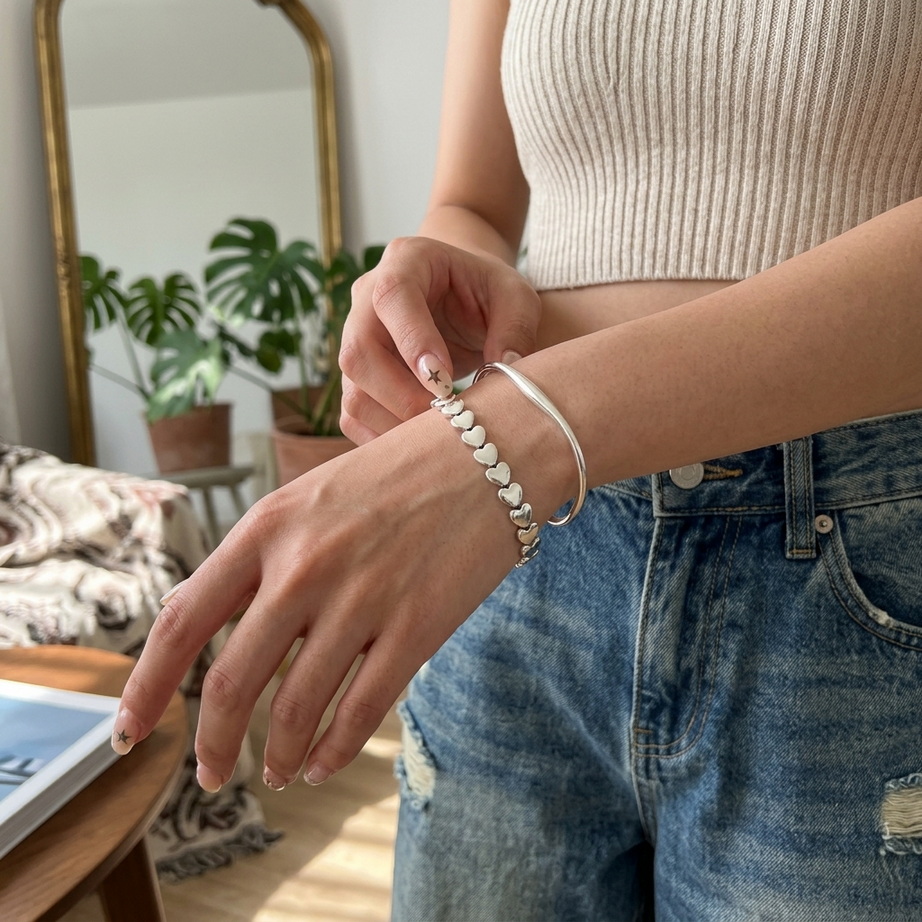 Sterling Silver Thick Heart Chain Bracelet 006