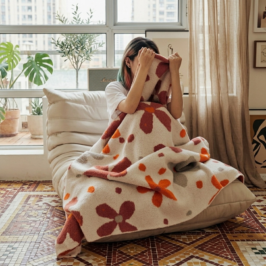Colorful Floral Downy Knitted Knee Blanket 001