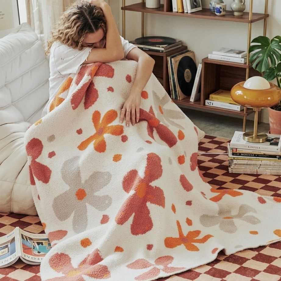 Colorful Floral Downy Knitted Knee Blanket 002
