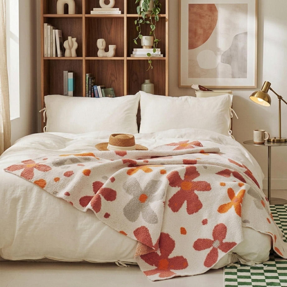 Colorful Floral Downy Knitted Knee Blanket 005