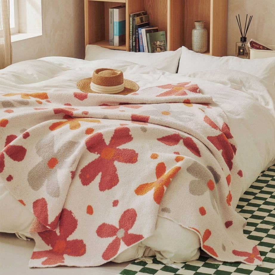 Colorful Floral Downy Knitted Knee Blanket 006