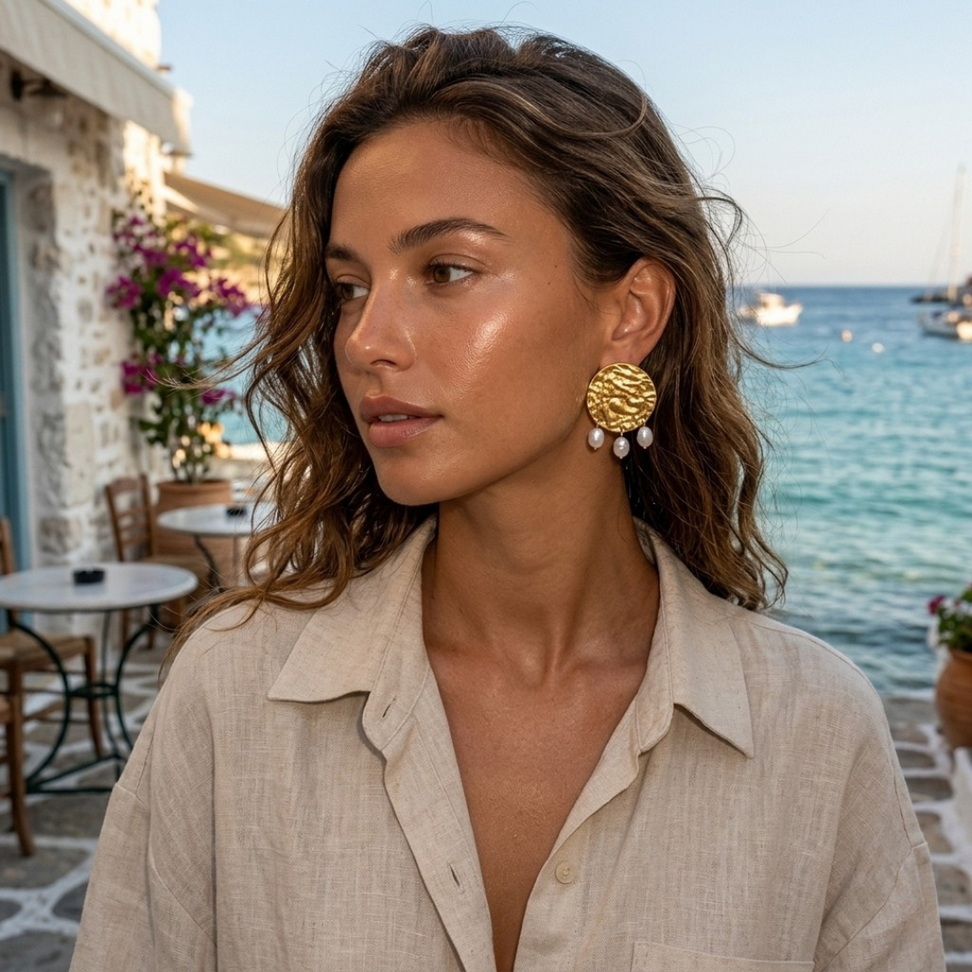 Retro Gold Hammered Pearl Earrings 004