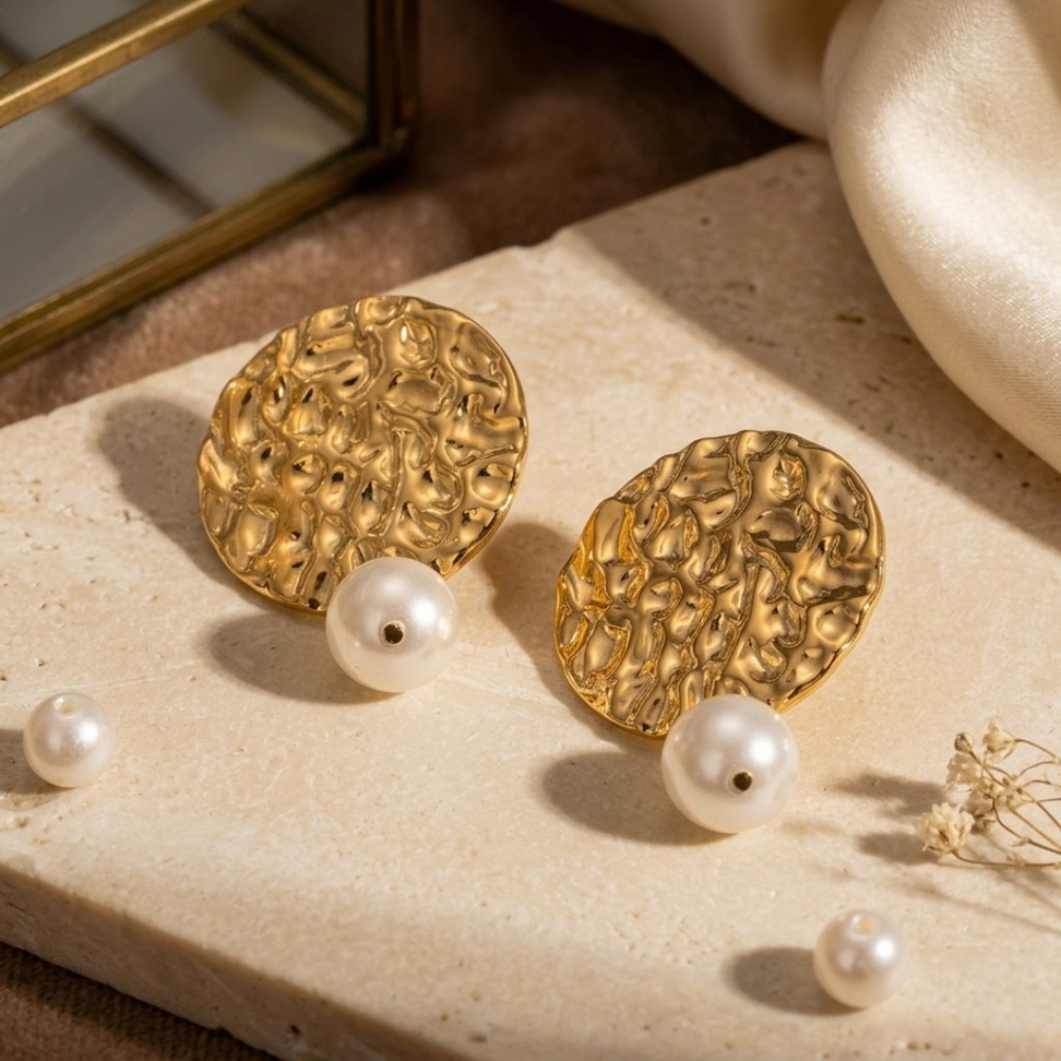 Retro Gold Hammered Pearl Earrings 006