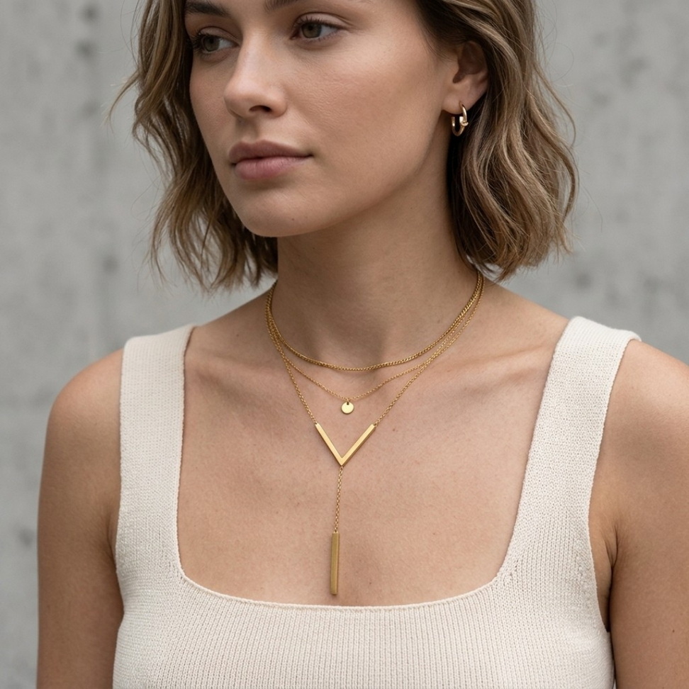 Gold-Toned V-Shaped Clavicle Necklace 005