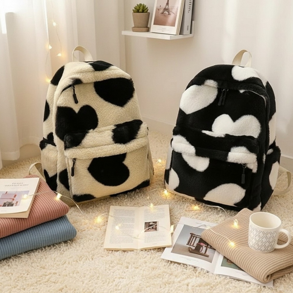 Heart Plush Backpack Backpacks New Arrivals Color : Black|Green|Khaki|Pink Heart Plush Backpack Backpacks New Arrivals Color : Black|Green|Khaki|Pink