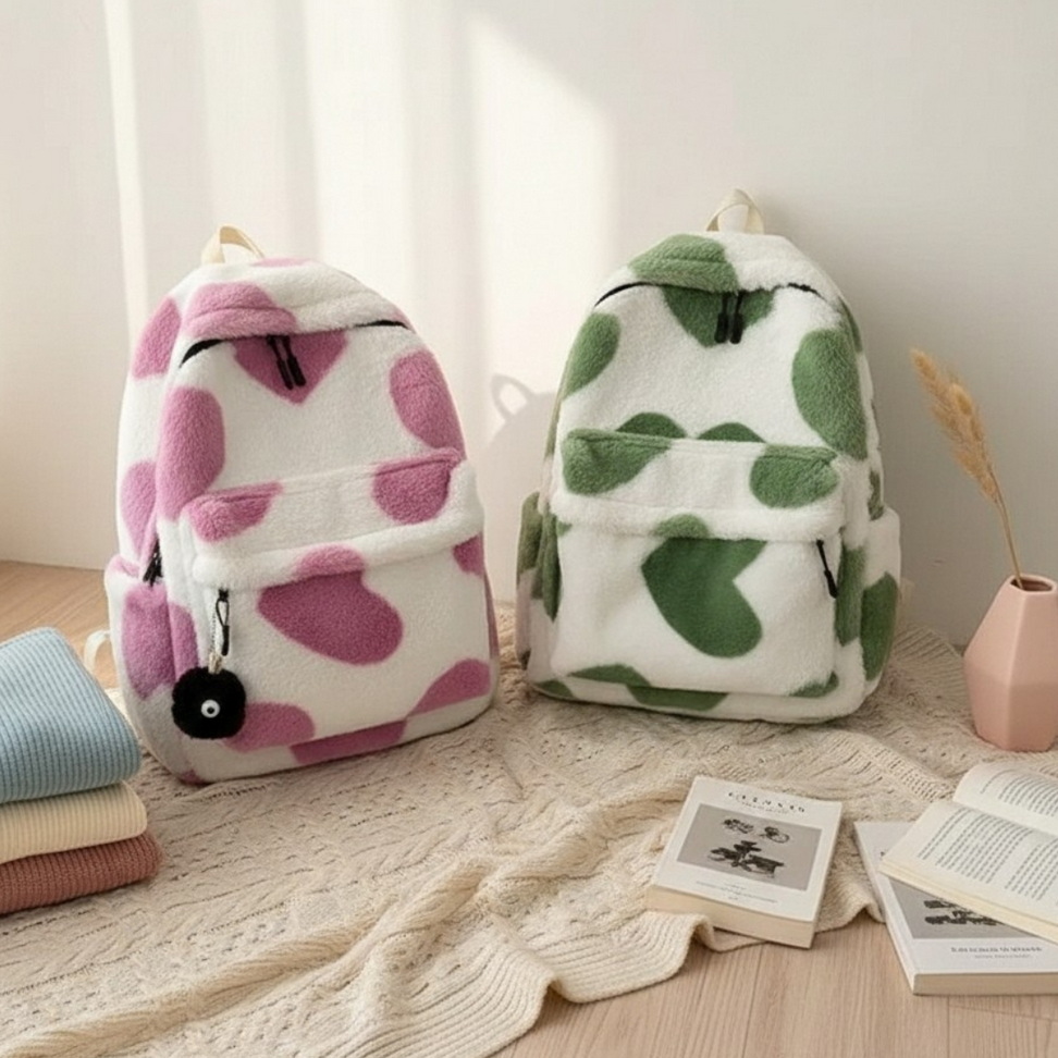 Heart Plush Backpack Backpacks New Arrivals Color : Black|Green|Khaki|Pink Heart Plush Backpack Backpacks New Arrivals Color : Black|Green|Khaki|Pink